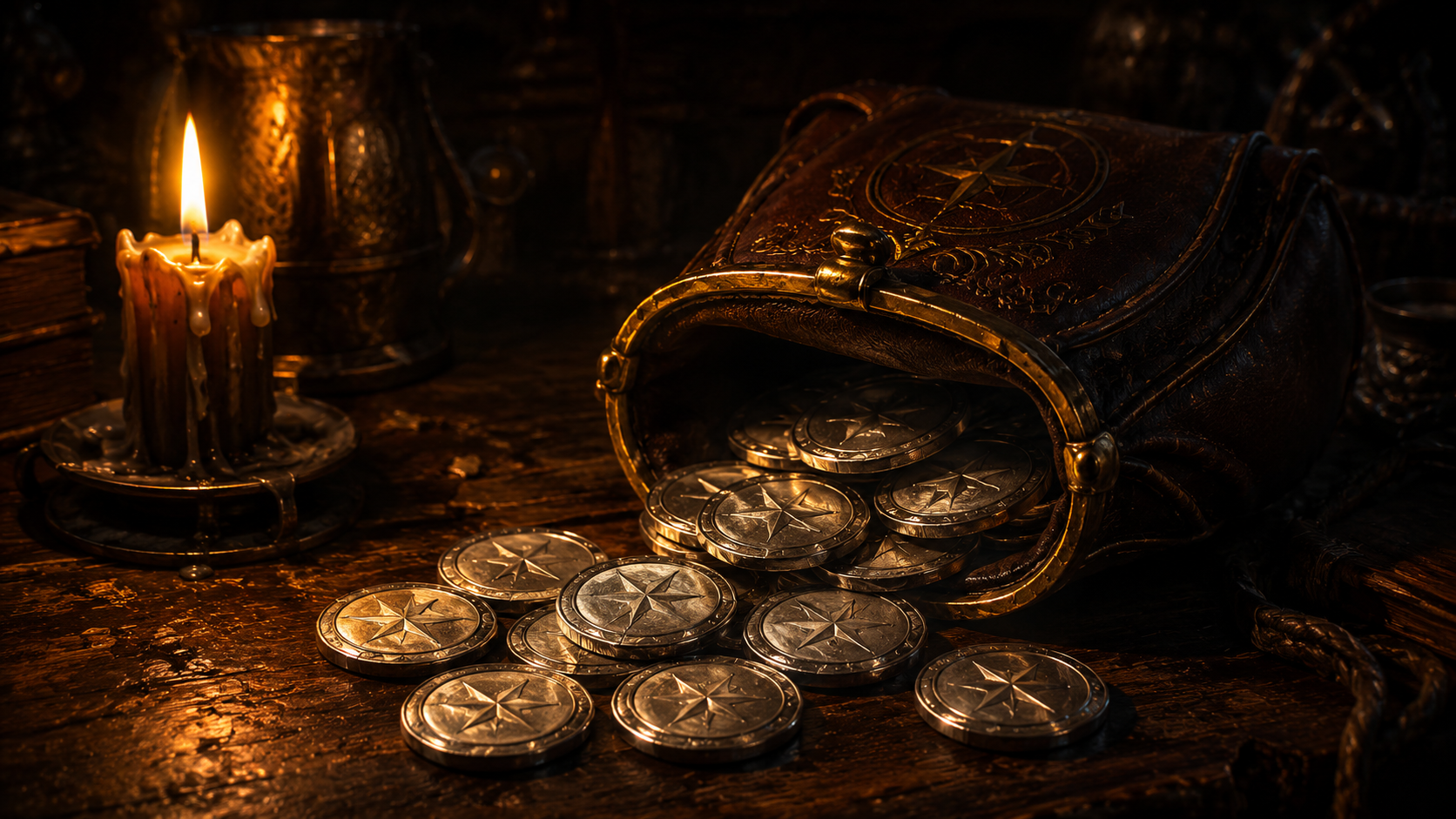 A leather coin purse spilling platinum coins across a candlelit tavern table